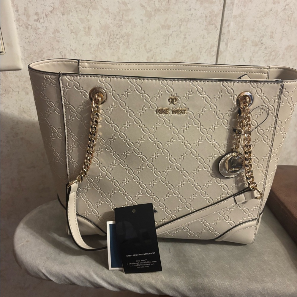 Nine West Beige Tote with Gold Accents